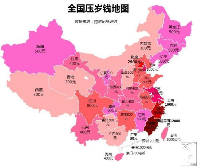 全国压岁钱地图，广东那叫一个穷