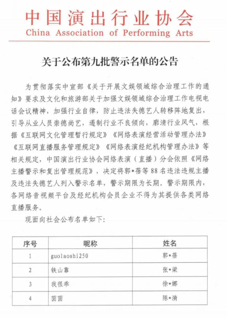 第九批警示网络主播黑名单公告公布！铁山靠、郭老师等88位主播在列